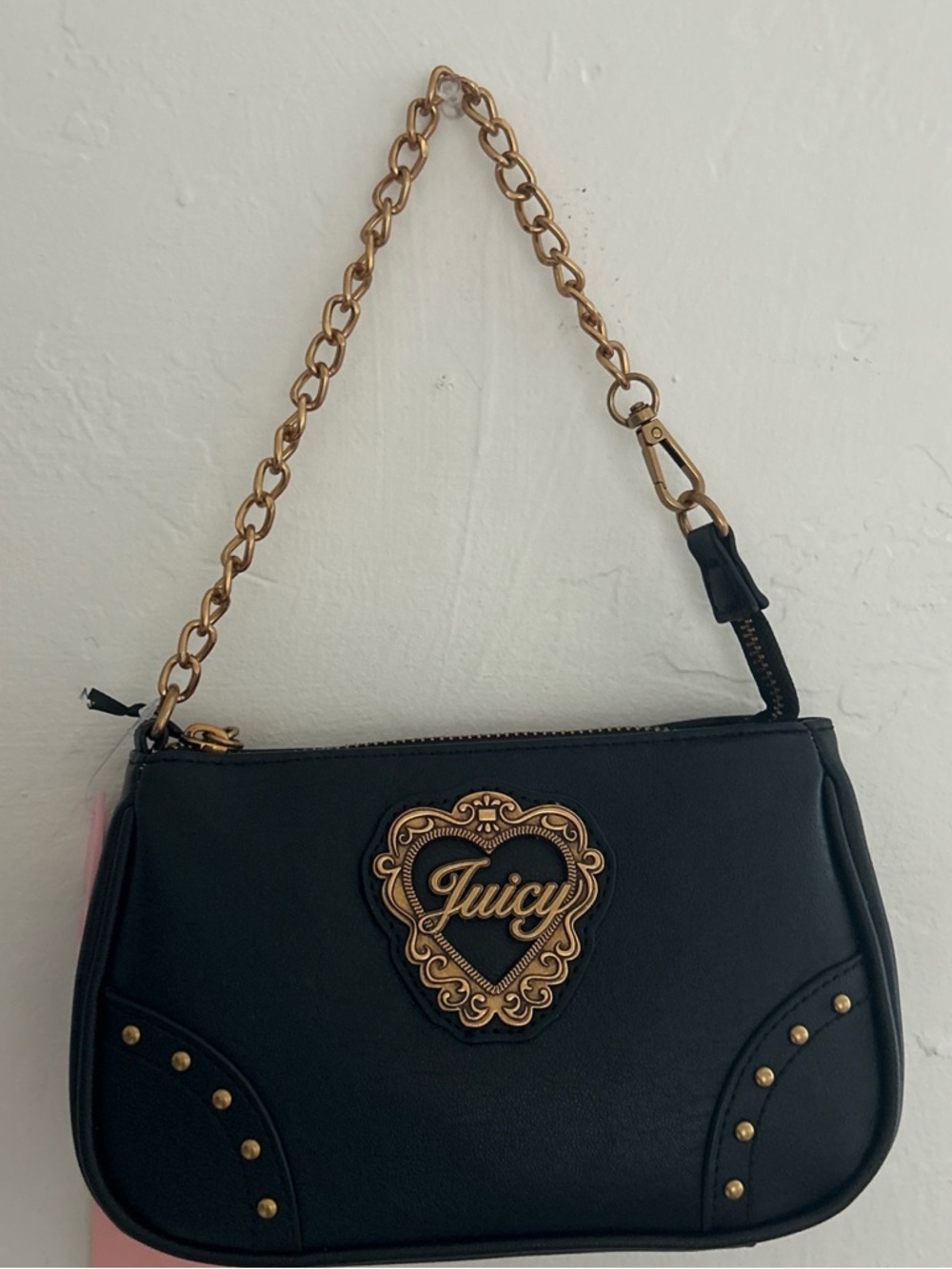 Juicy Couture Black Shoulder Bag with Gold Chain and Pink Heart Tag